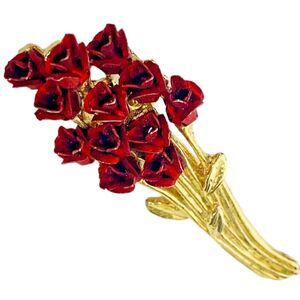 Vintage Red Flower Dozen of Roses Gold tone Red Bouquet Brooch Pin Marked DM 97